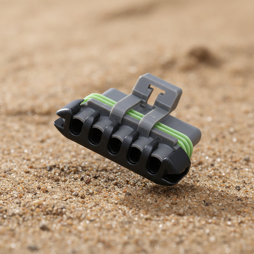 A 5-pin electrical connector with a dark gray plastic body, featuring a green rubber gasket and a gray mounting tab, shown on a white background with a watermark.