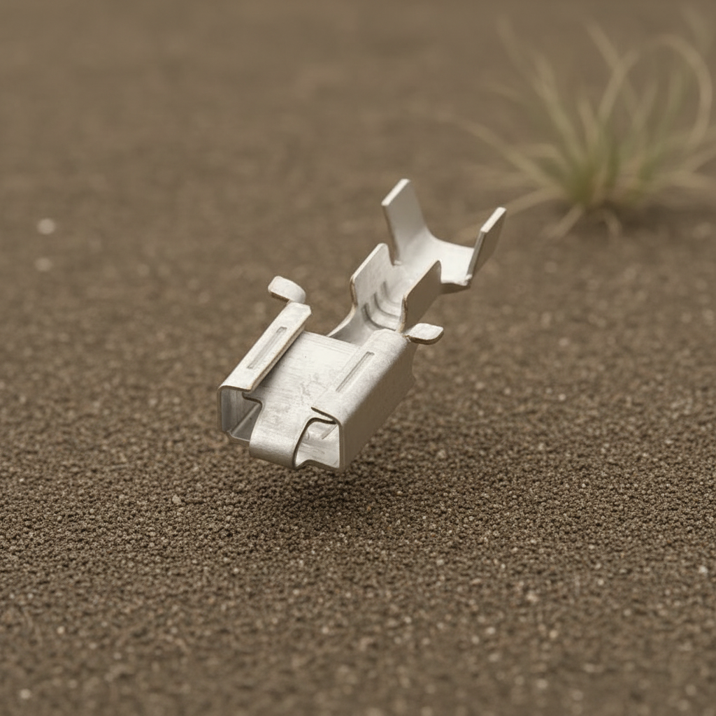 A small silver metal clip or connector component photographed on a plain white background.