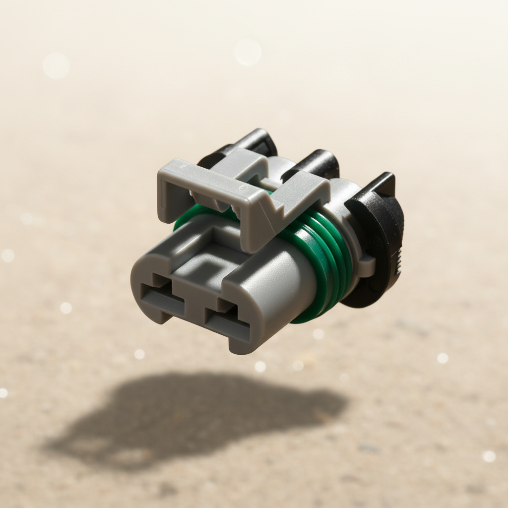 A marine electrical connector with a gray plastic body, black locking tabs, and a green inner wire, shown on a white background with a watermark.