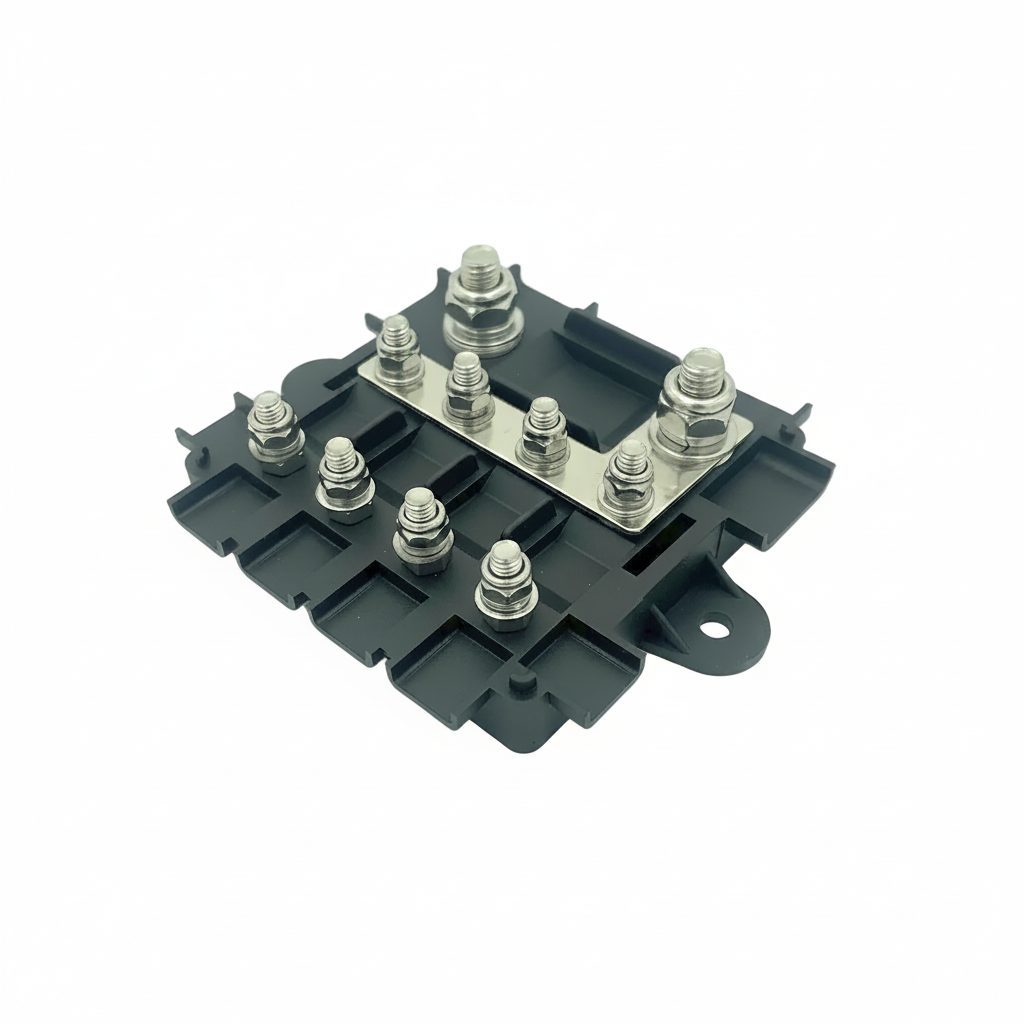 A black plastic high-current power module terminal block with multiple silver screw terminals and a metal bus bar, shown on a light off-white background.