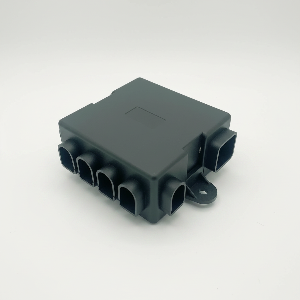 A black plastic automotive electrical connector box with five terminal sockets on one side and a mounting tab on the other, shown on a plain light background.