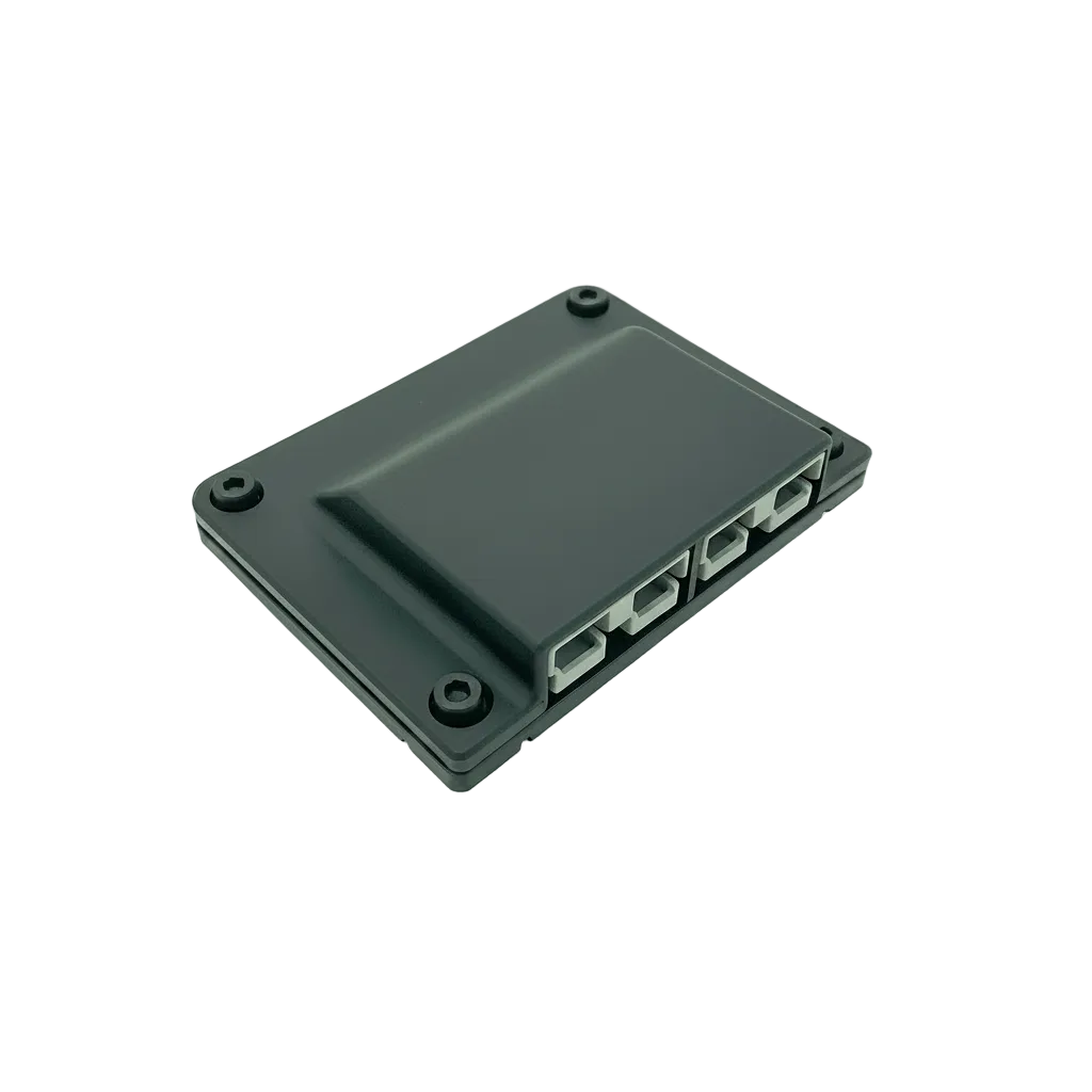 A black plastic electronic module or adapter with four screw terminals on one side, photographed on a clean white background.