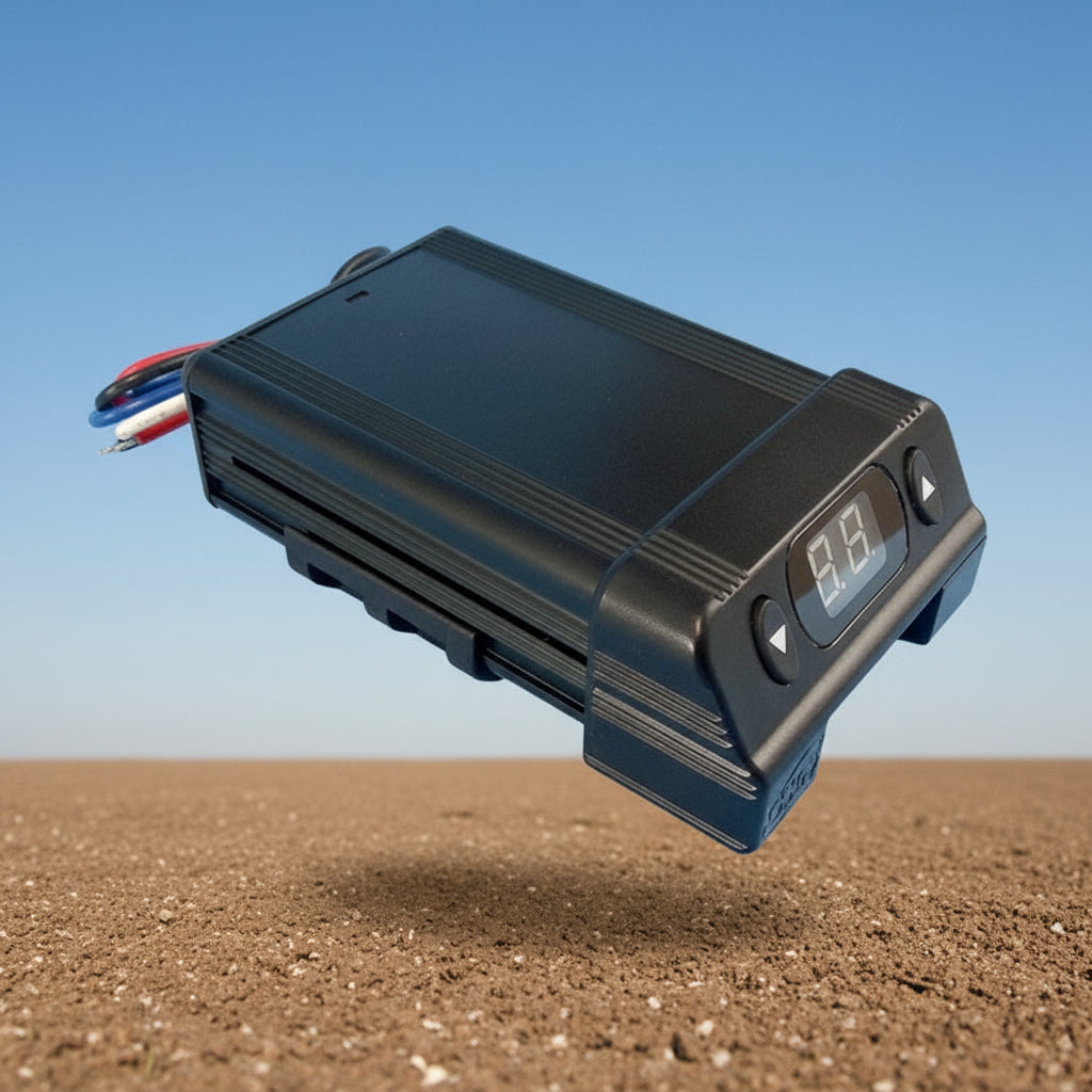 Black electronic device with digital display on a blue background