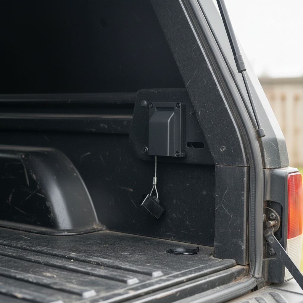 A black plastic mounting bracket with a small attached black component and wire, photographed on a scratched gray surface with white spray-paint markings.