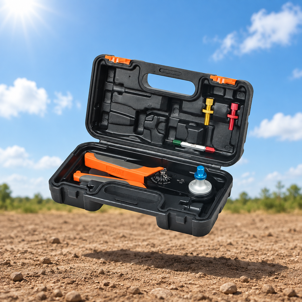 Crimping tool hovering above dirt with a sunny blue sky background