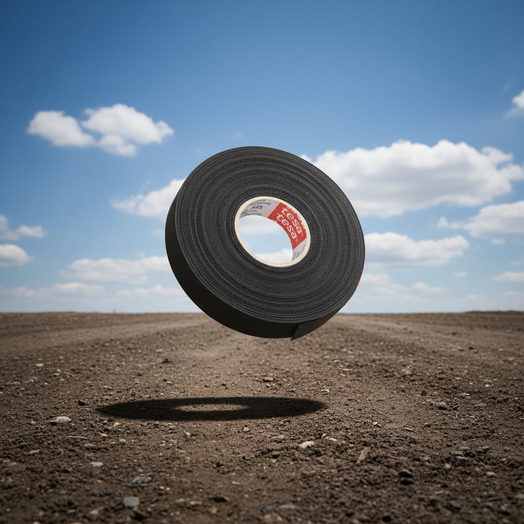 A roll of black fleece tape with the tesa brand label in the center.